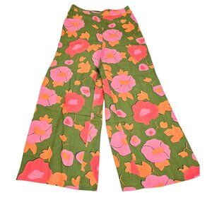 Magaschoni Womens Green Floral Linen Pants Cropped Wide Leg High Rise Size S NWT